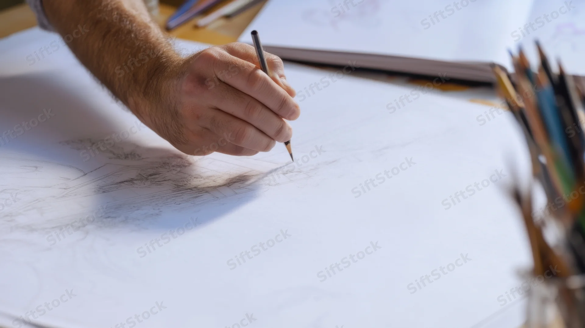 Hand sketching with pencil on paper at a drafting table