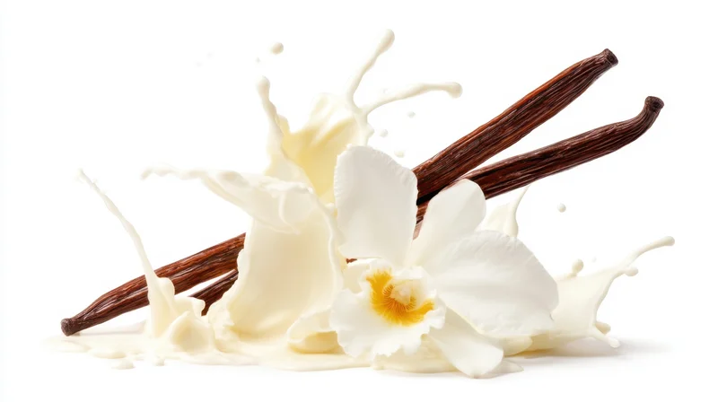 Vanilla flower and beans with cream splash on white background