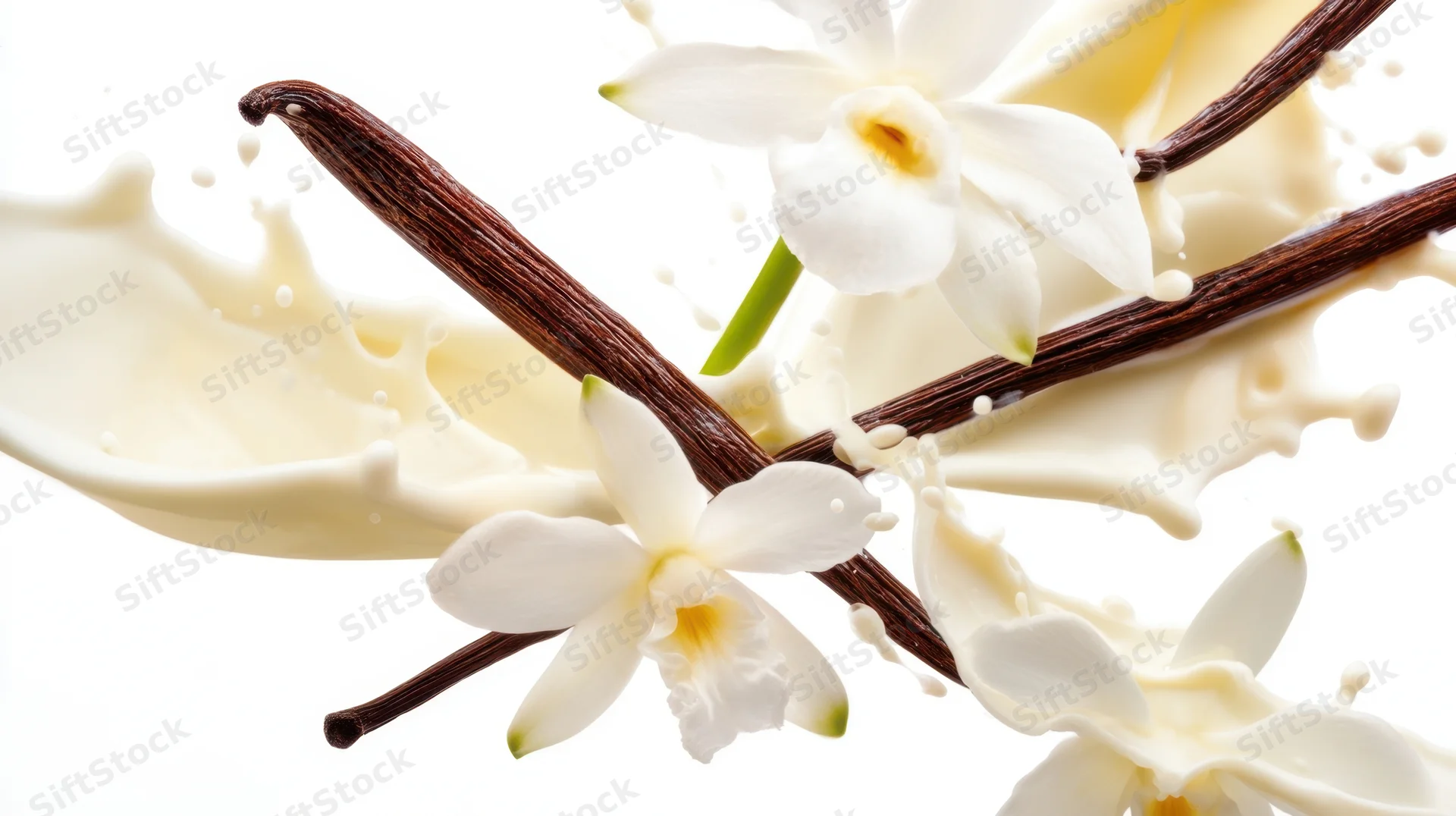 Vanilla pods and white orchid flowers with cream splashing against white background