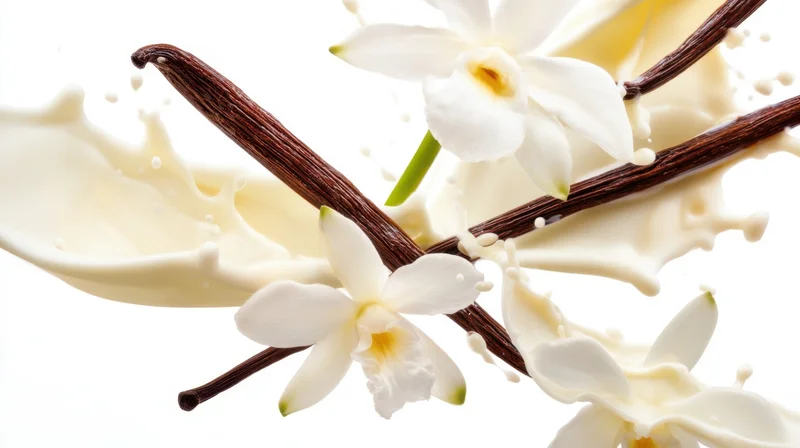 Vanilla pods and white orchid flowers with cream splashing against white background