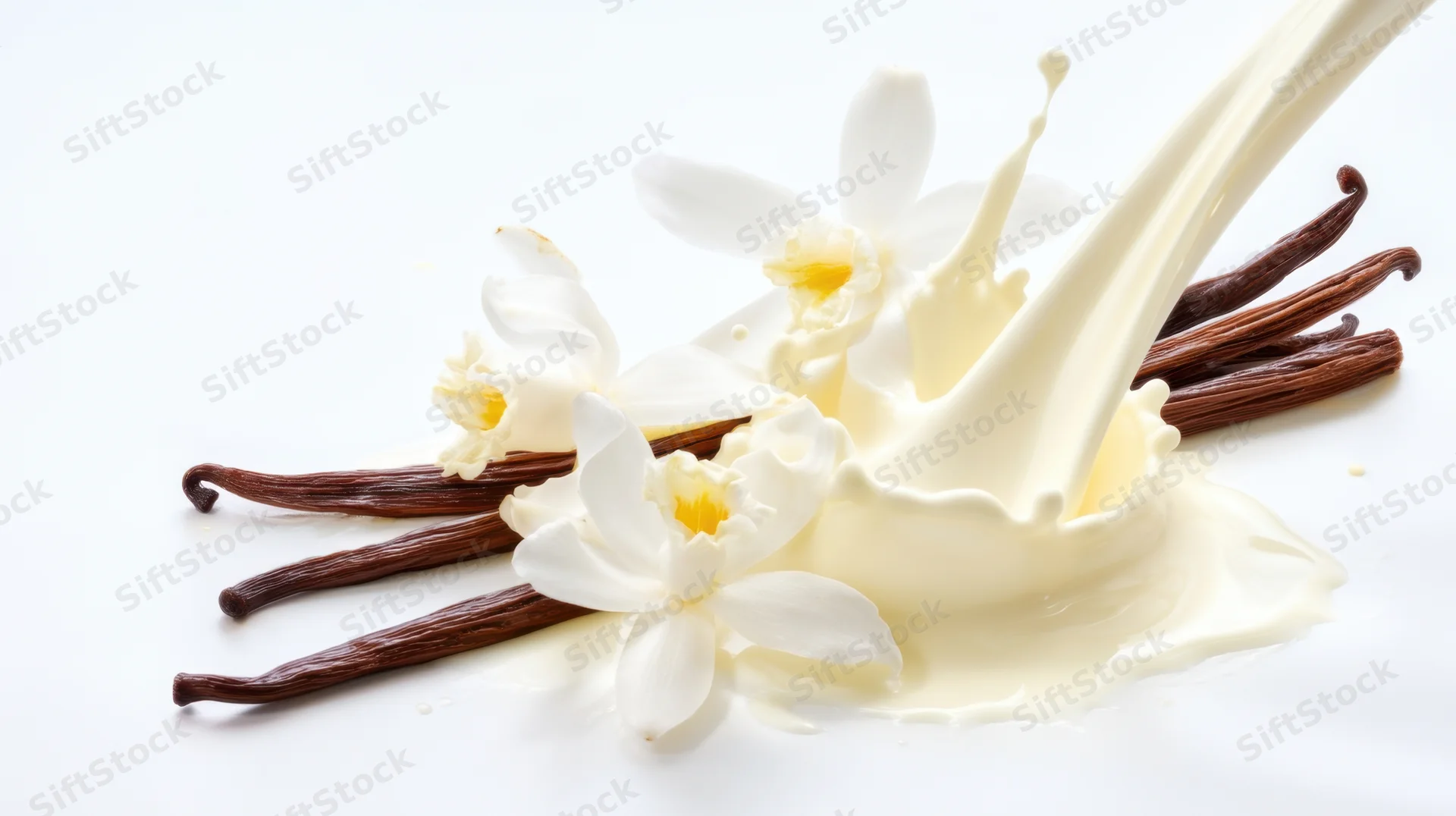 Cream splashing over vanilla pods and white orchid flowers on white background