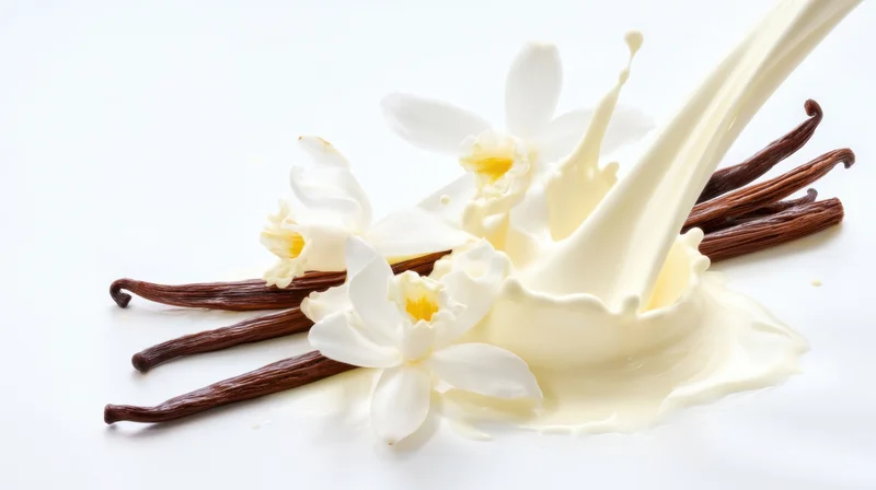 Cream splashing over vanilla pods and white orchid flowers on white background