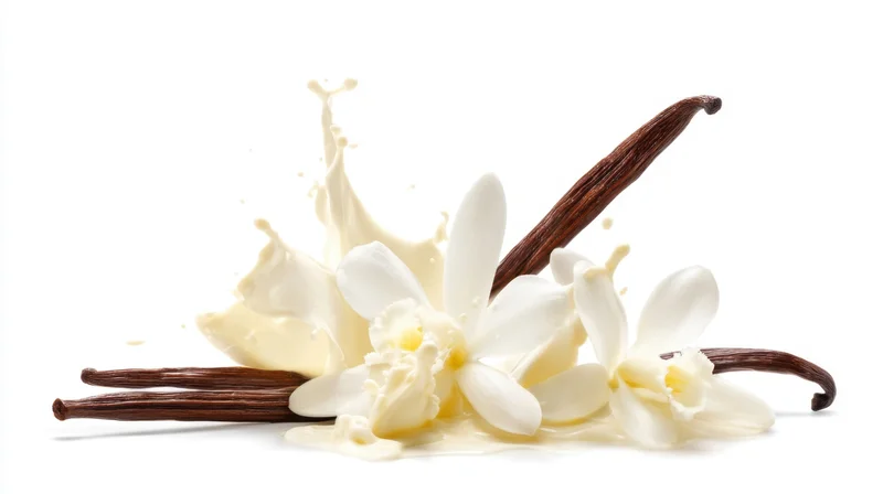 Vanilla flowers and pods with cream splash on white background