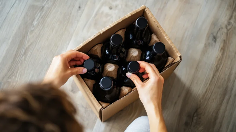 Woman unpacking craft beer bottles from cardboard box on wooden floor