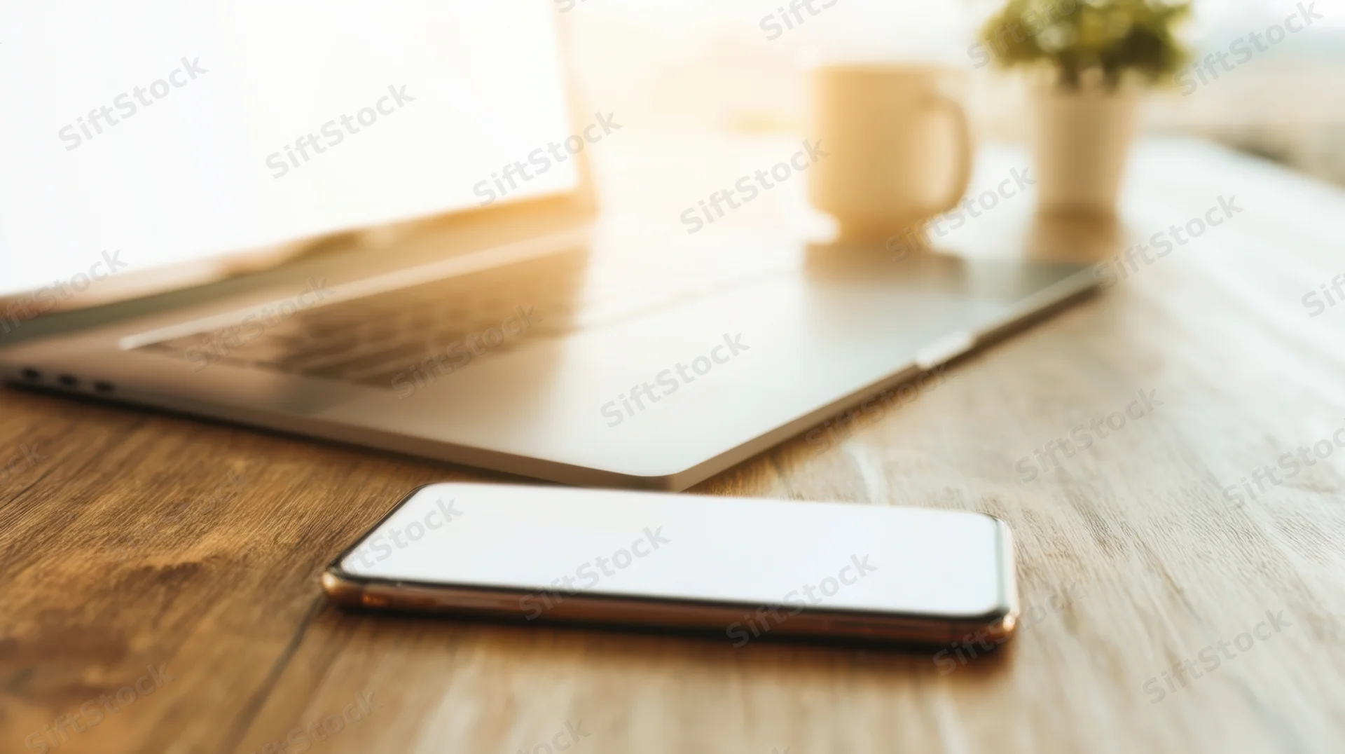 Smartphone with blank screen on wooden desk beside laptop in sunlit home office