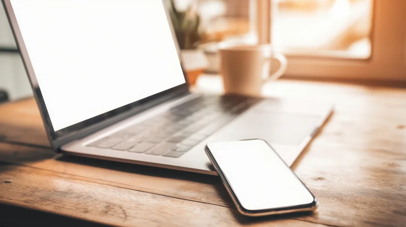 Laptop and smartphone on wooden desk near window with white screens and coffee mug in soft morning light
