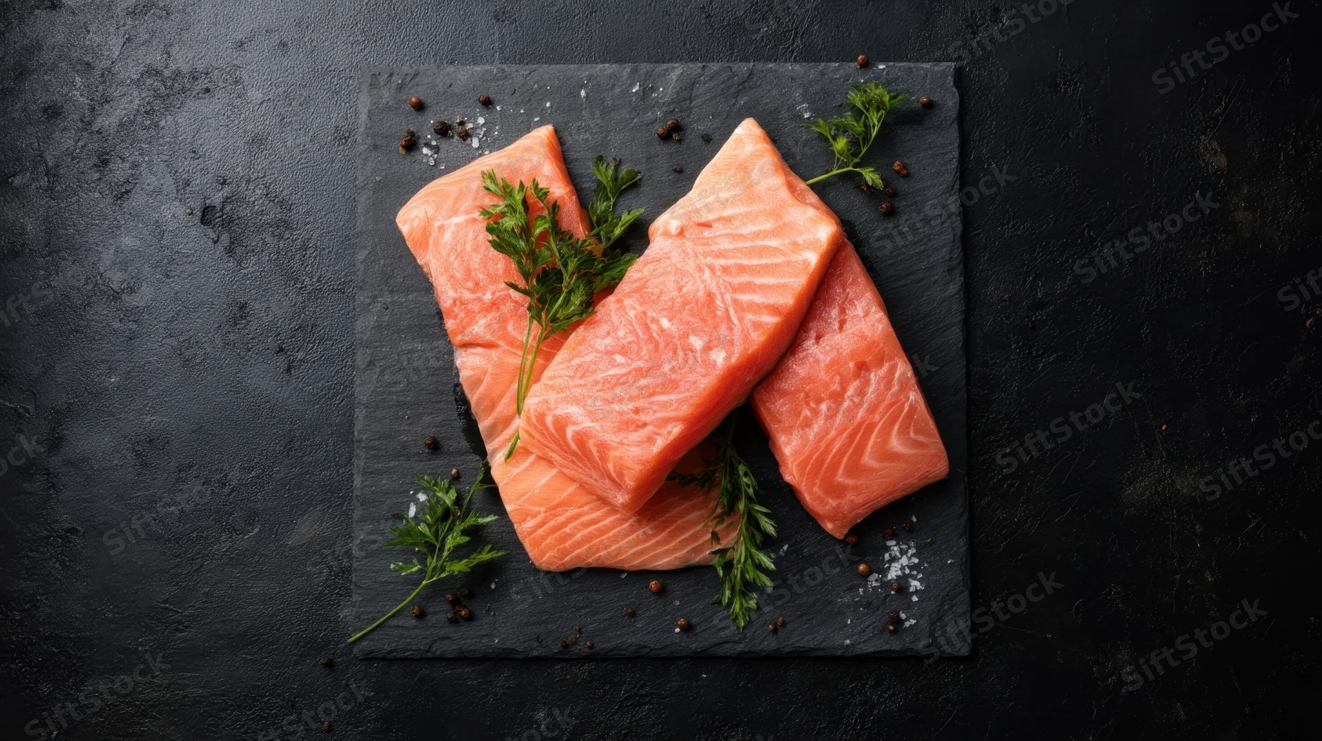Raw salmon fillets arranged on a slate plate with herbs and spices, overhead view