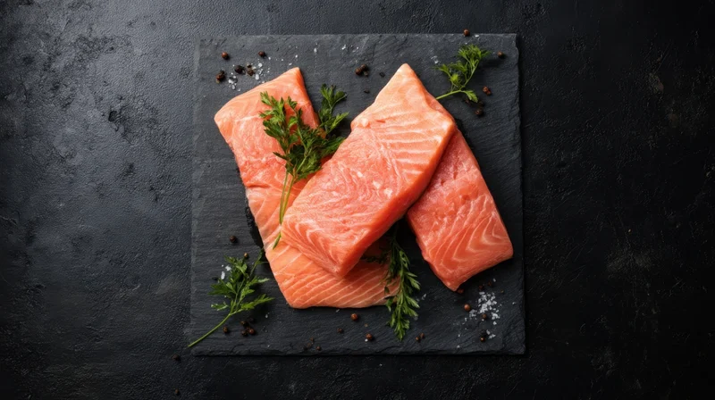 Raw salmon fillets arranged on a slate plate with herbs and spices, overhead view