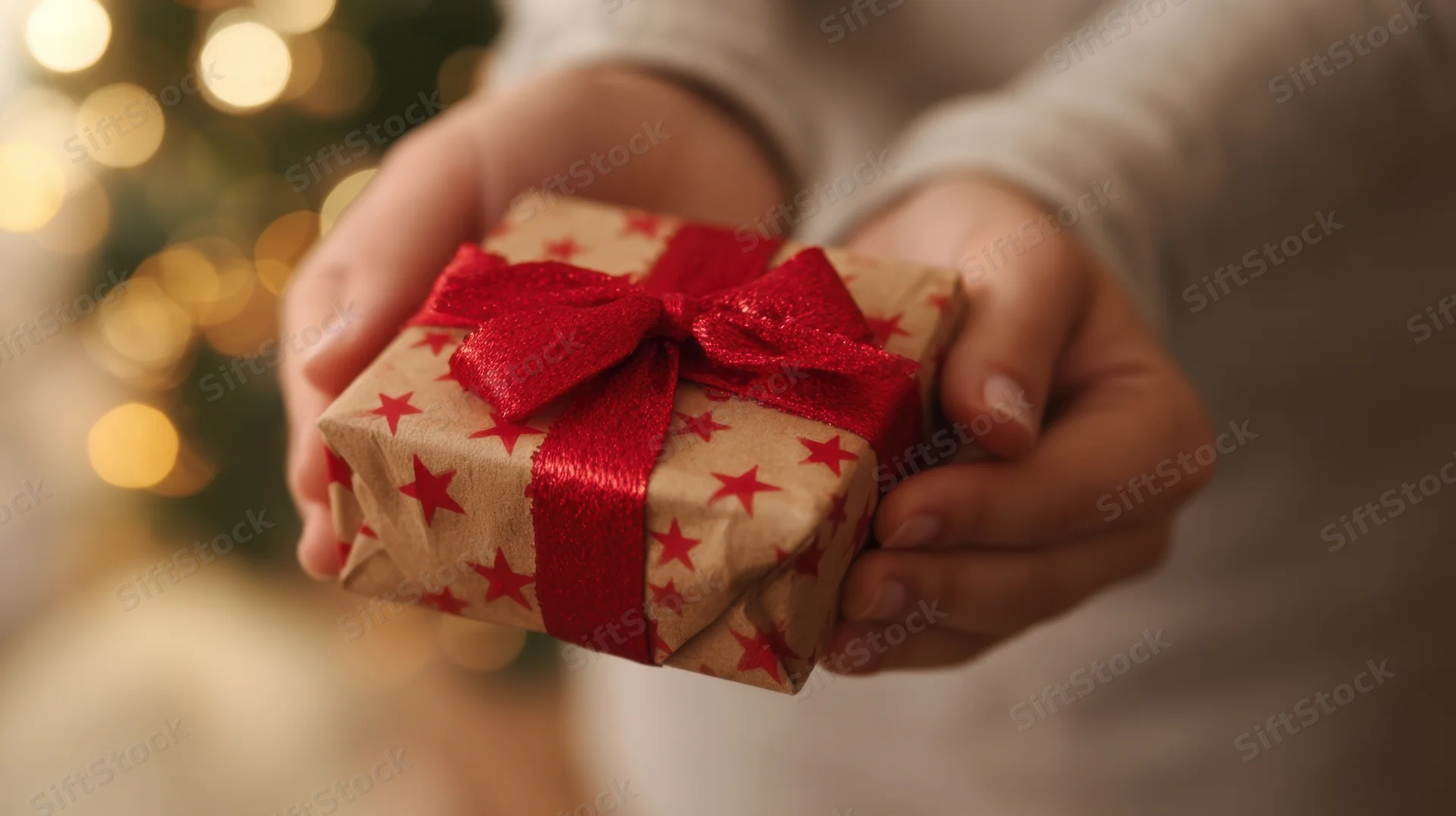 Hands holding a small wrapped gift with red ribbon and stars in front of blurred christmas lights