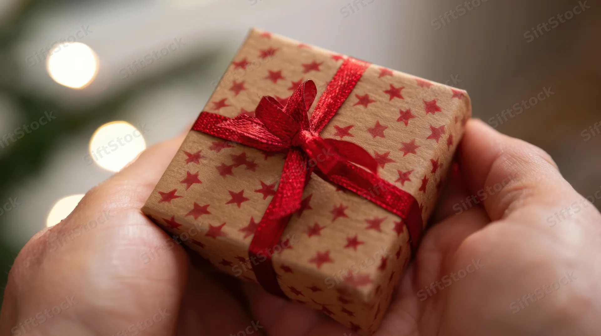 Hands holding a small wrapped gift with red ribbon and stars, in front of blurred holiday lights