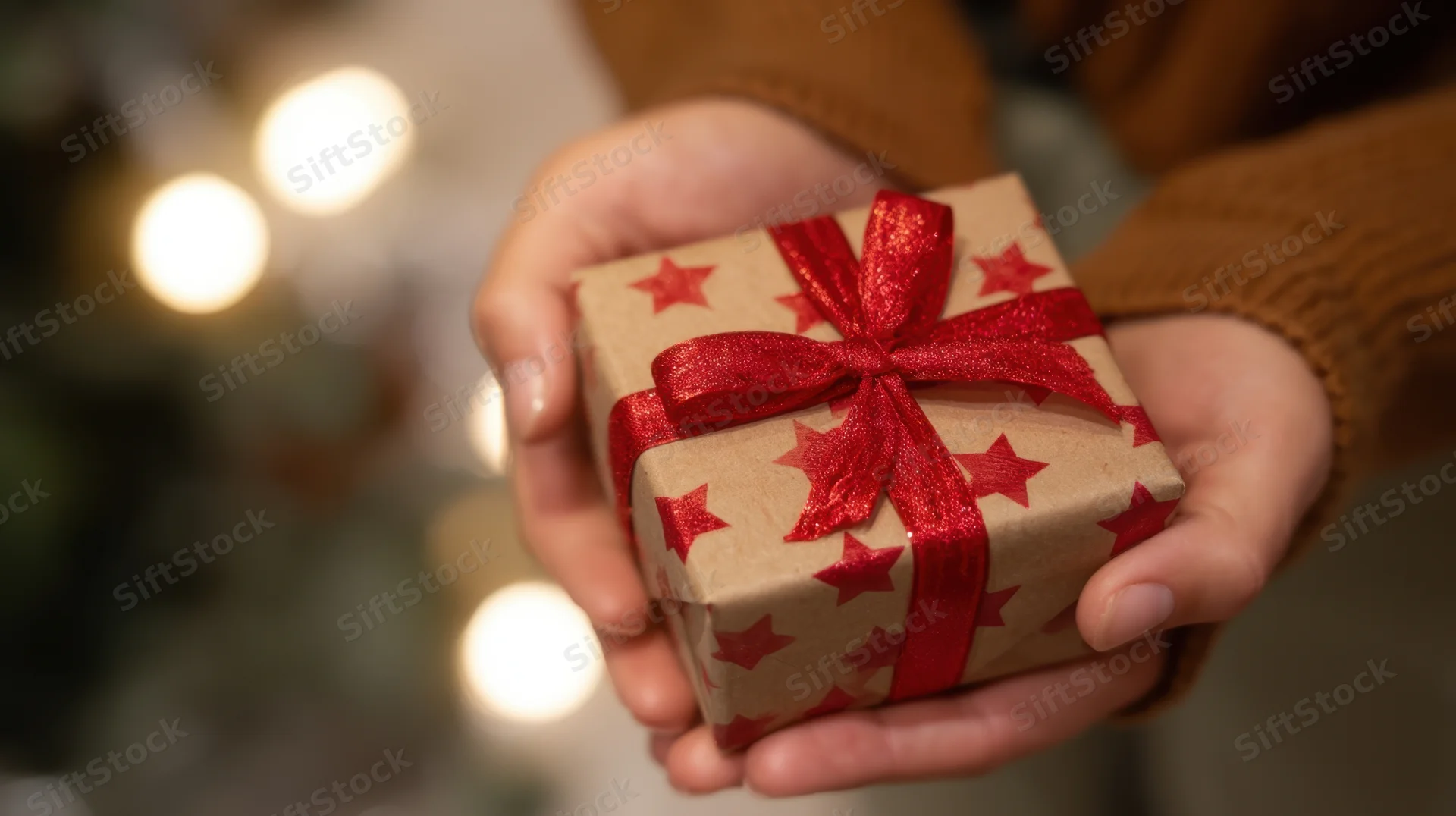 Hands holding a small wrapped gift with red ribbon and stars in front of blurred holiday lights
