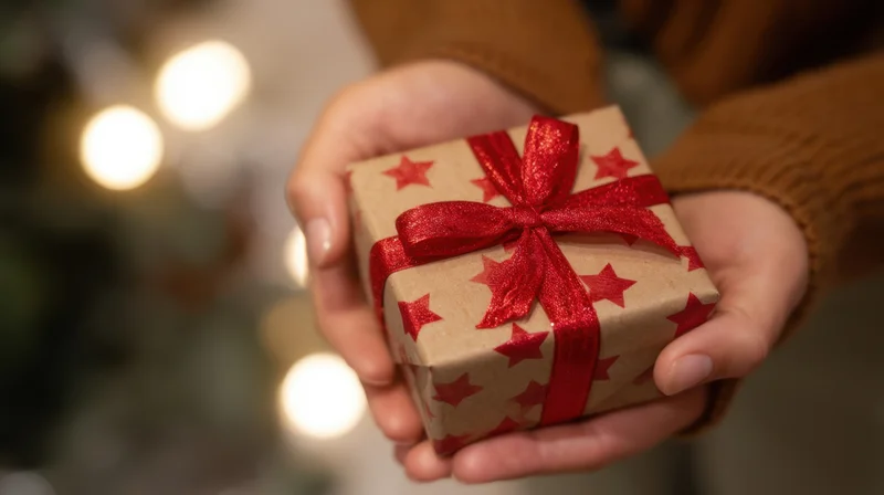 Hands holding a small wrapped gift with red ribbon and stars in front of blurred holiday lights