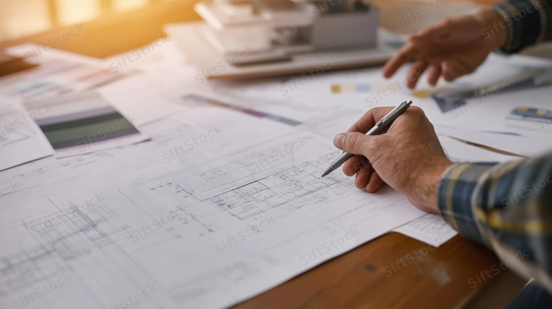 Architect drafting blueprint on desk during work meeting