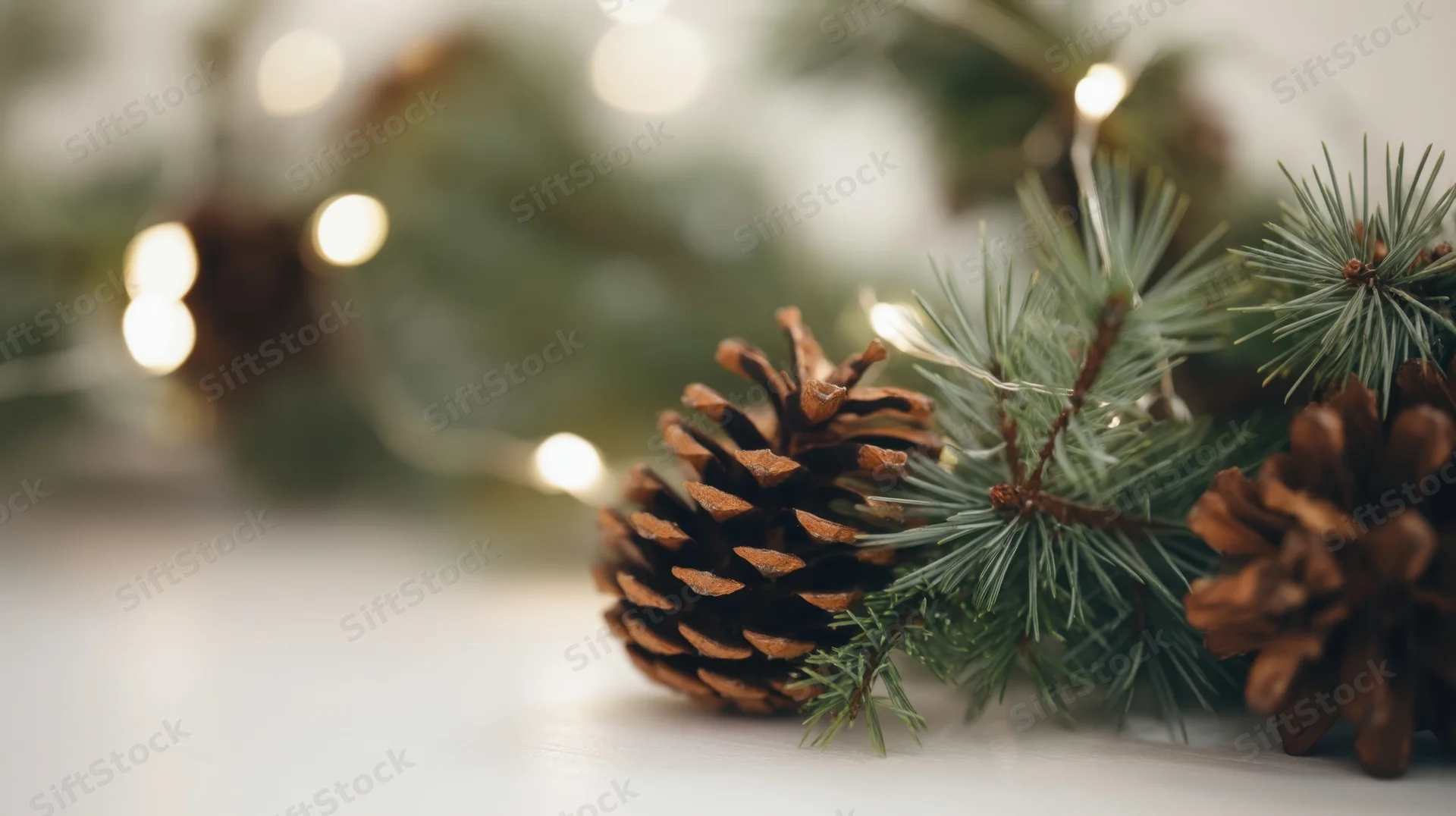 Pinecones and evergreen branches with string lights arranged on a white surface for christmas decoration