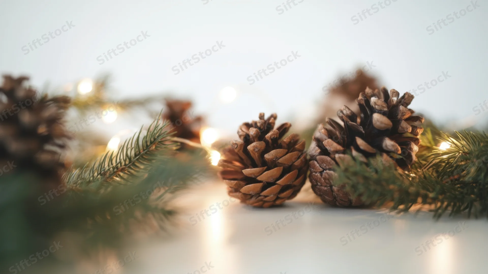 Pinecones and evergreen branches arranged with warm string lights on a white surface