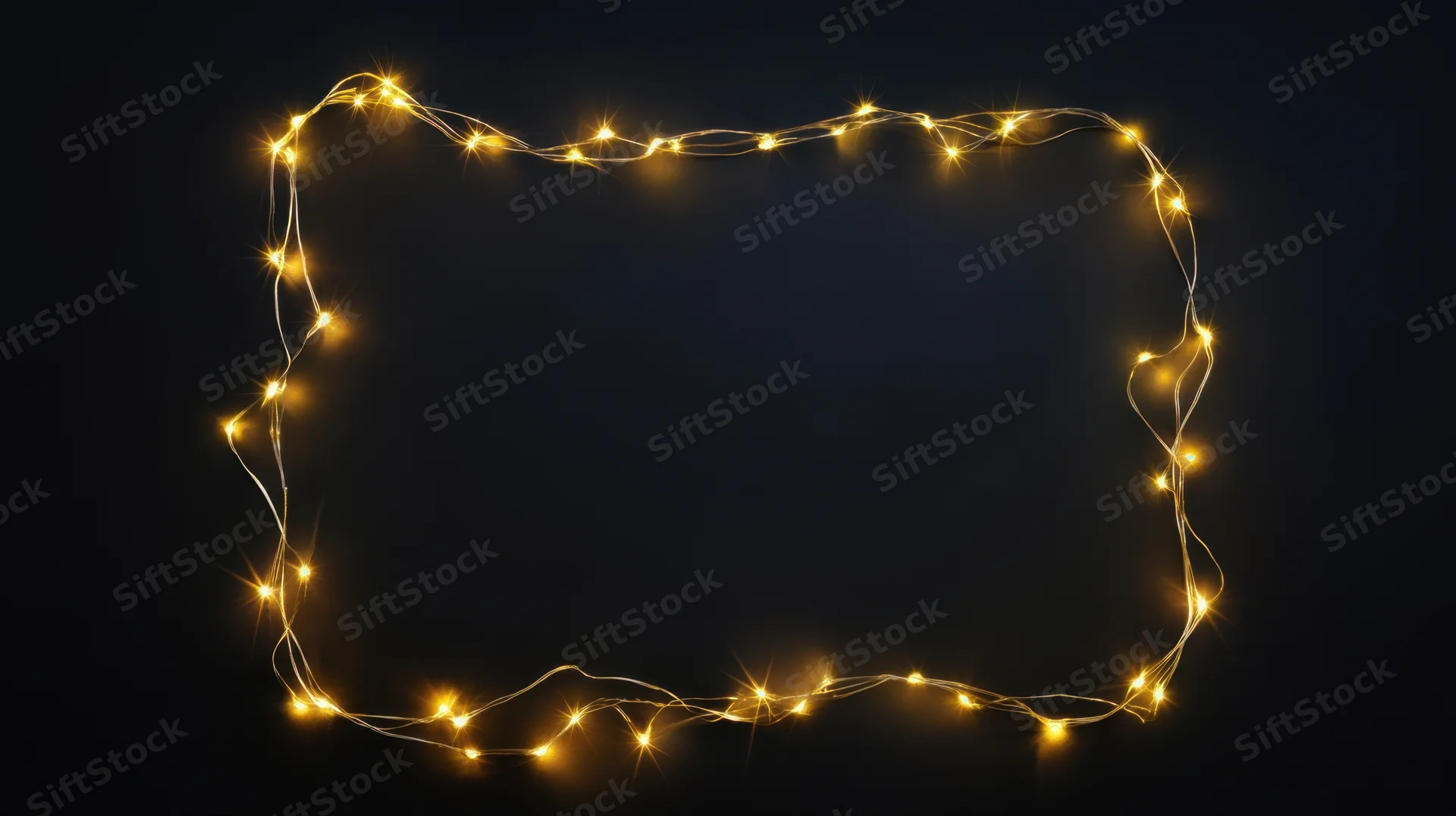 Warm fairy lights arranged in a rectangular frame against a dark background with copyspace inside