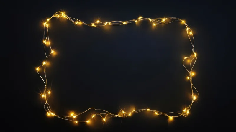 Warm fairy lights arranged in a rectangular frame against a dark background with copyspace inside