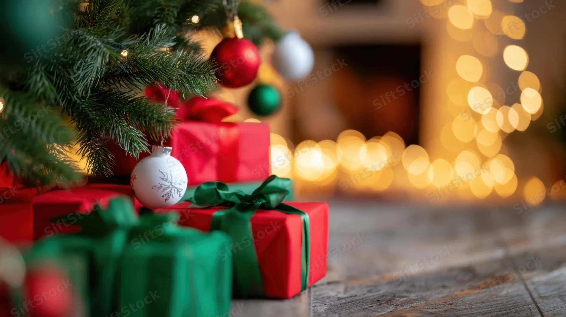 Christmas tree with wrapped gifts and ornaments on wooden floor near glowing lights
