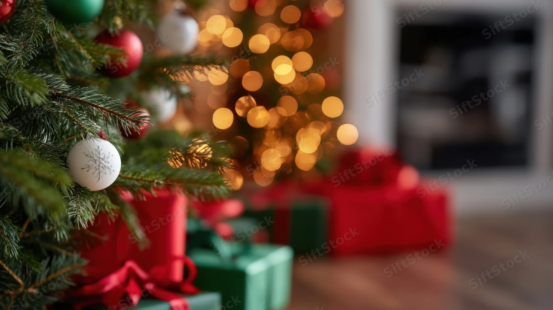 Decorated christmas tree with ornaments and wrapped gifts near fireplace in living room