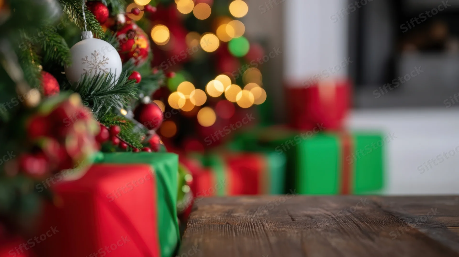 Decorated christmas tree with ornaments and lights beside wrapped gifts on wooden table near fireplace