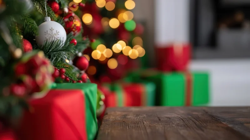 Decorated christmas tree with ornaments and lights beside wrapped gifts on wooden table near fireplace