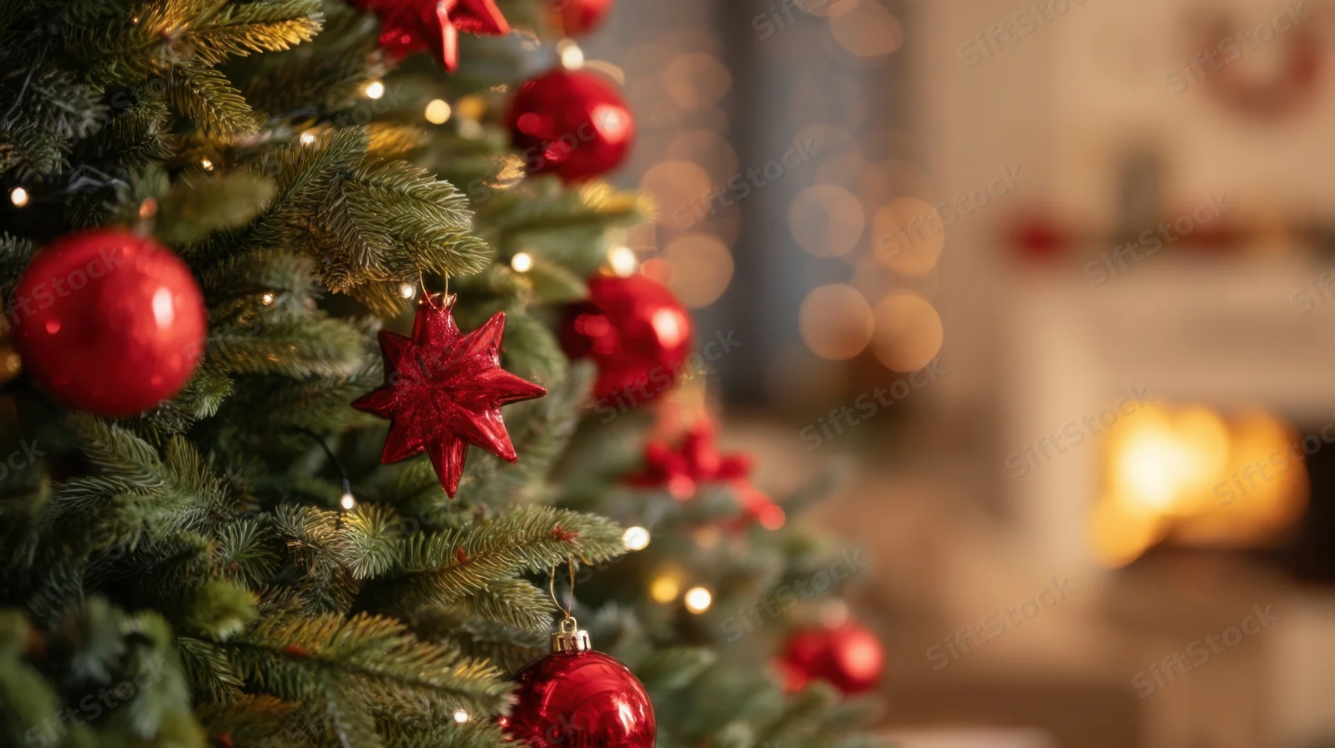 Decorated christmas tree with red ornaments and lights near a fireplace