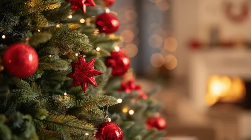 Decorated christmas tree with red ornaments and lights near a fireplace