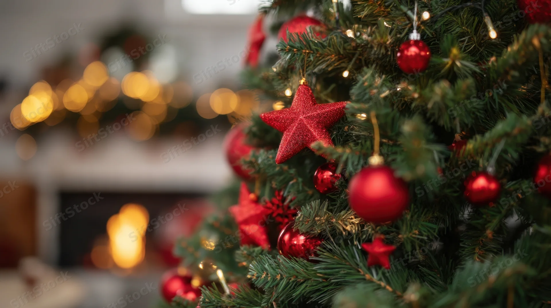 Decorated christmas tree with red ornaments and lights near a fireplace in a living room