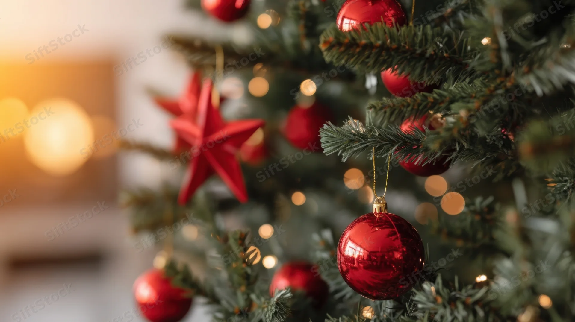 Close-up of red ornaments and star decoration on a christmas tree with warm lights in the background