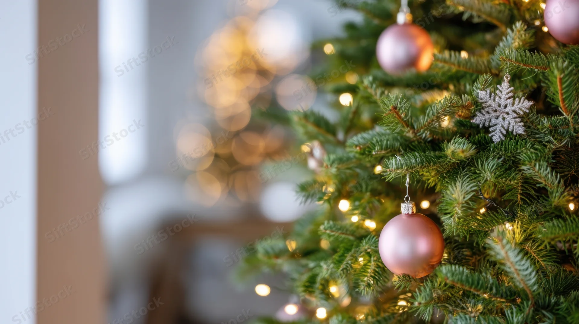 Closeup of decorated christmas tree with pink baubles and silver snowflake ornaments, warm lights glowing in soft focus background