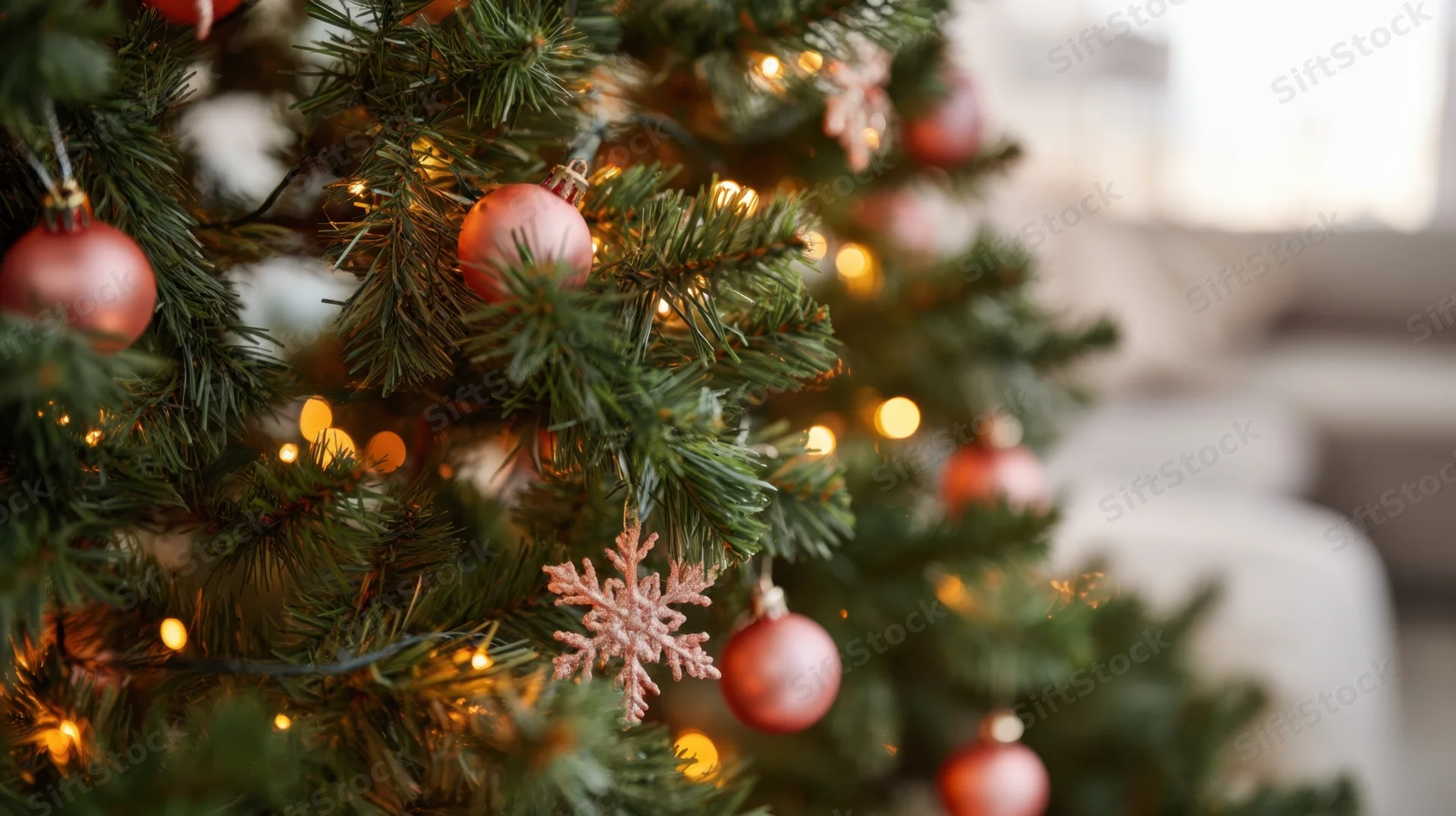 Close-up of a decorated christmas tree with pink ornaments and warm lights in a living room
