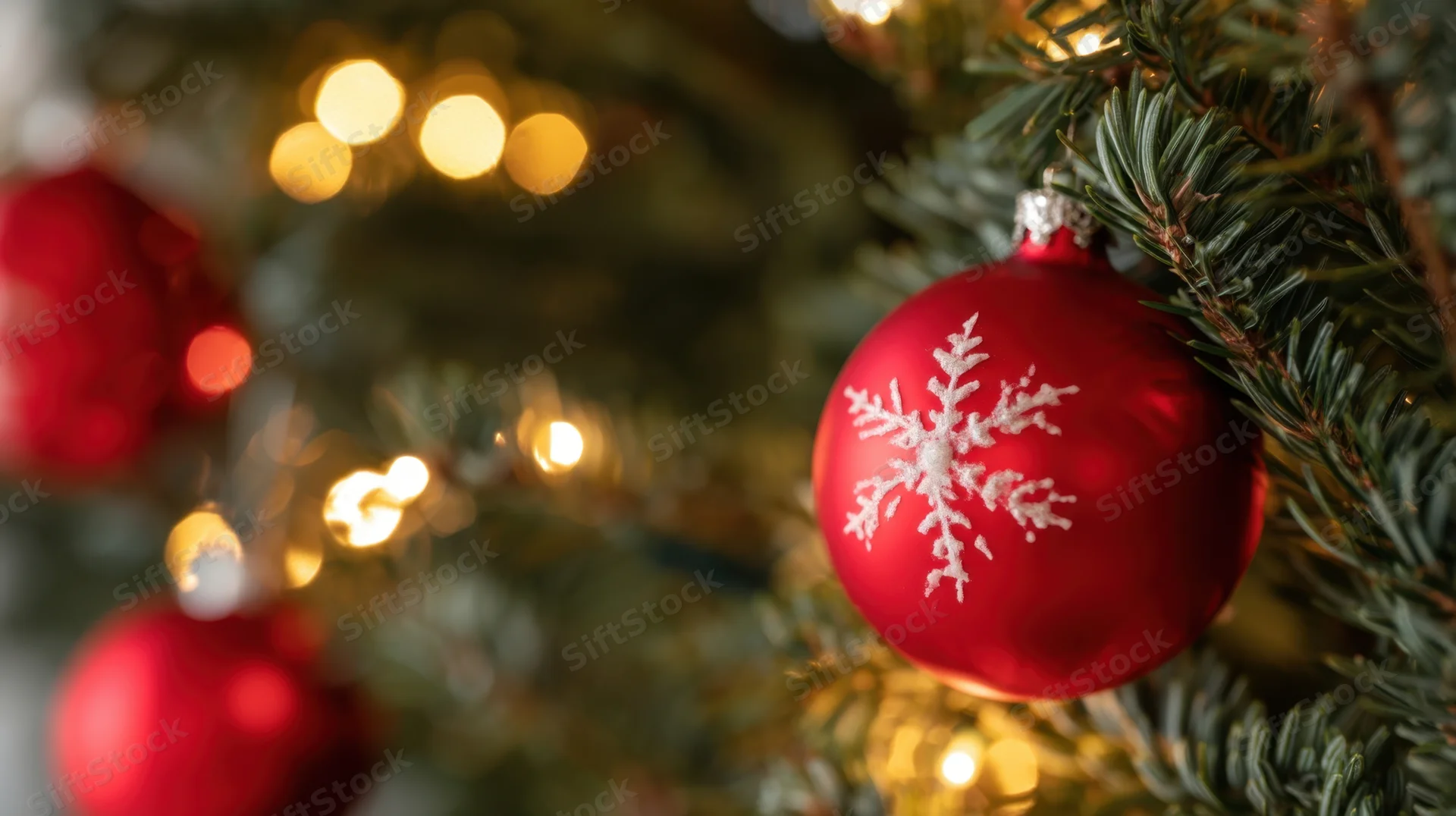 Red snowflake ornament hanging on a lit christmas tree branch