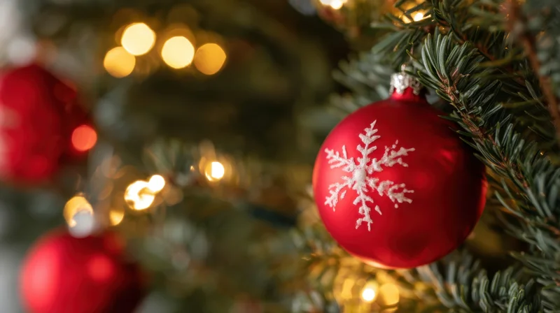 Red snowflake ornament hanging on a lit christmas tree branch
