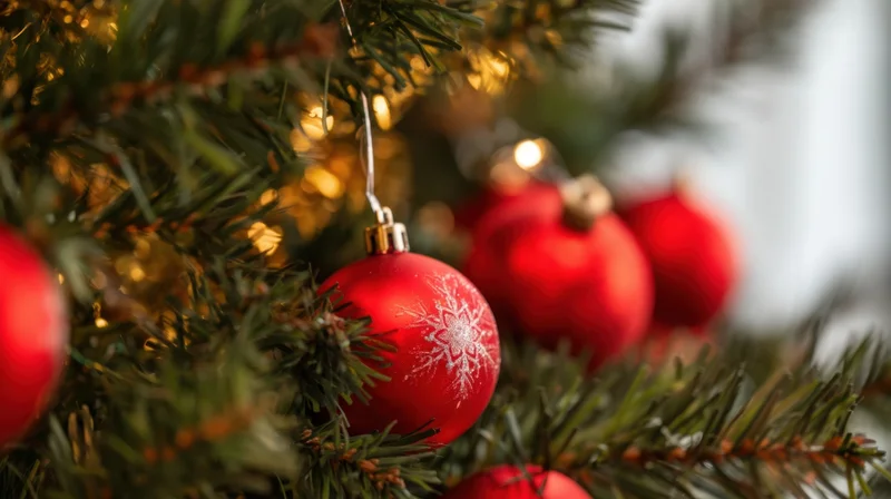 Red ornaments with snowflake patterns hanging on a lit christmas tree branch