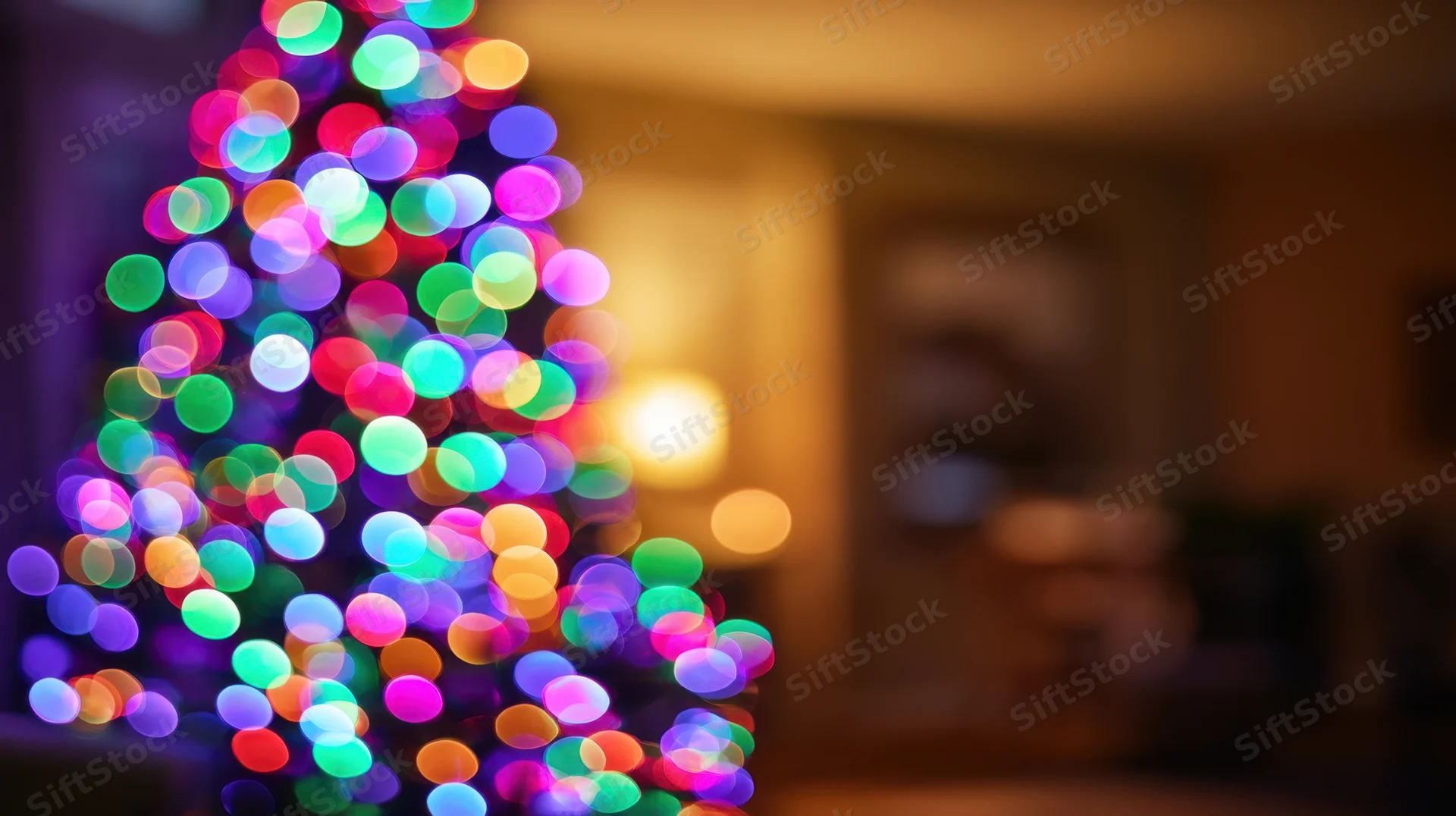 Blurred christmas tree with colorful lights glowing in a warm indoor setting