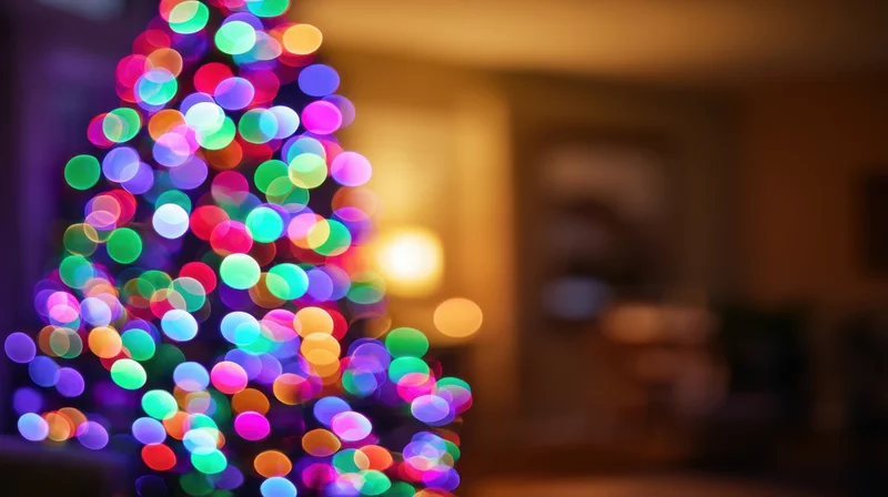 Blurred christmas tree with colorful lights glowing in a warm indoor setting