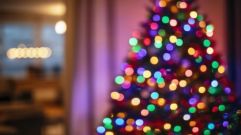 Blurred christmas tree with colorful lights glowing in a warm indoor setting