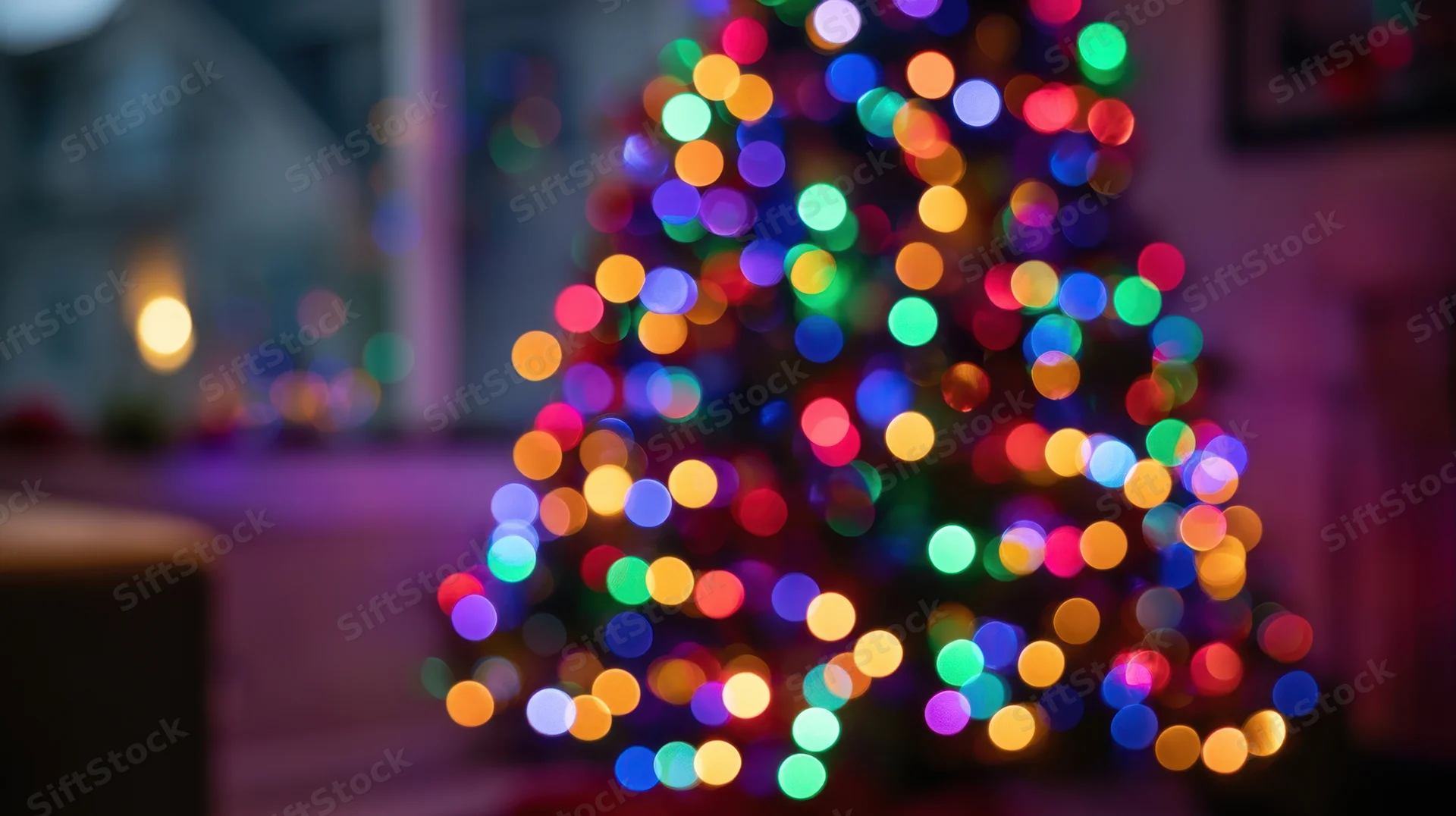 Blurred christmas tree with colorful lights glowing in a living room interior
