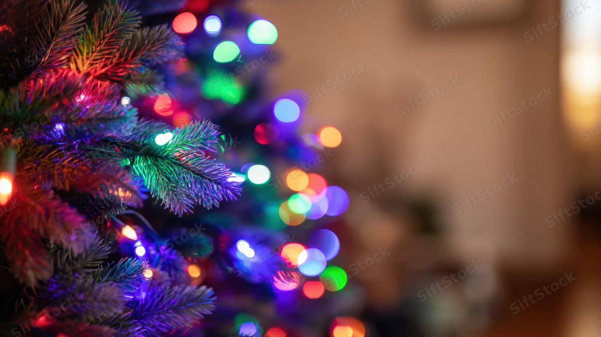 Close-up of a decorated christmas tree with colorful lights glowing in a cozy indoor setting, showing pine branches and bokeh effect in the background