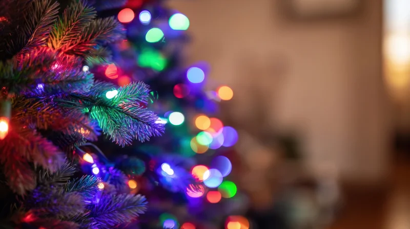 Close-up of a decorated christmas tree with colorful lights glowing in a cozy indoor setting, showing pine branches and bokeh effect in the background