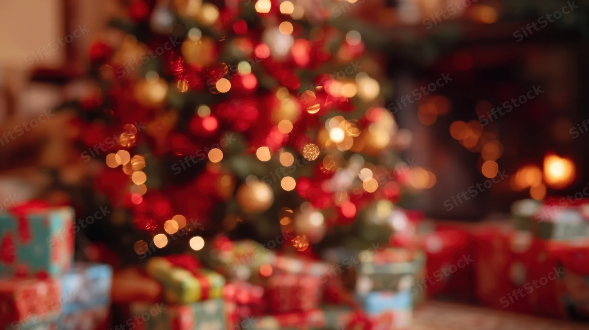 Decorated christmas tree with glowing lights and wrapped gifts in a cozy living room