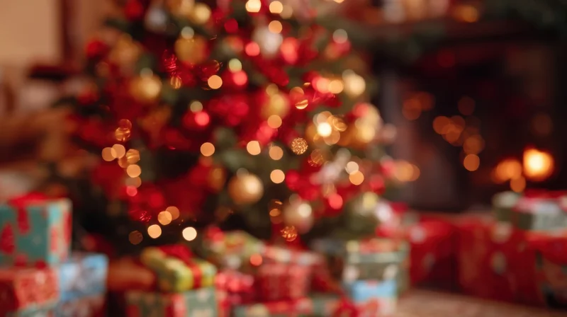 Decorated christmas tree with glowing lights and wrapped gifts in a cozy living room