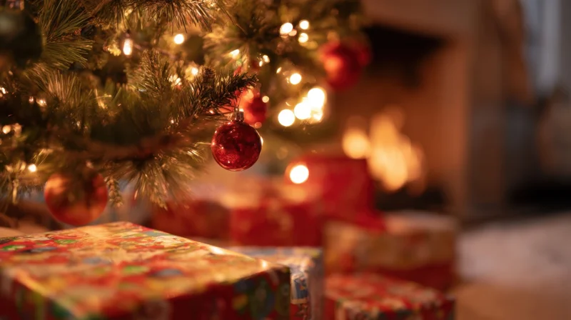 Decorated christmas tree with glowing lights and wrapped gifts beneath in a cozy living room