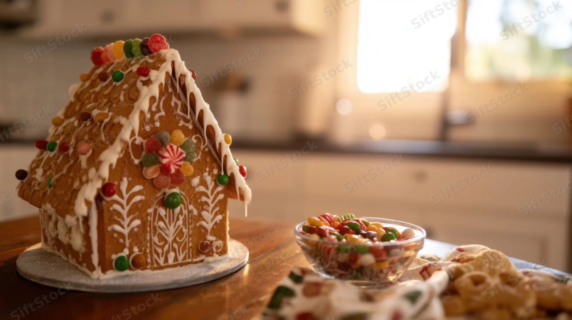 Decorated gingerbread house with candy and icing on kitchen table near window
