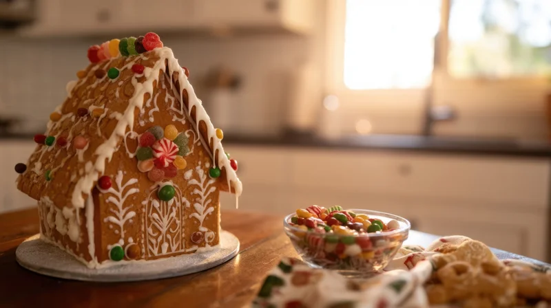 Decorated gingerbread house with candy and icing on kitchen table near window