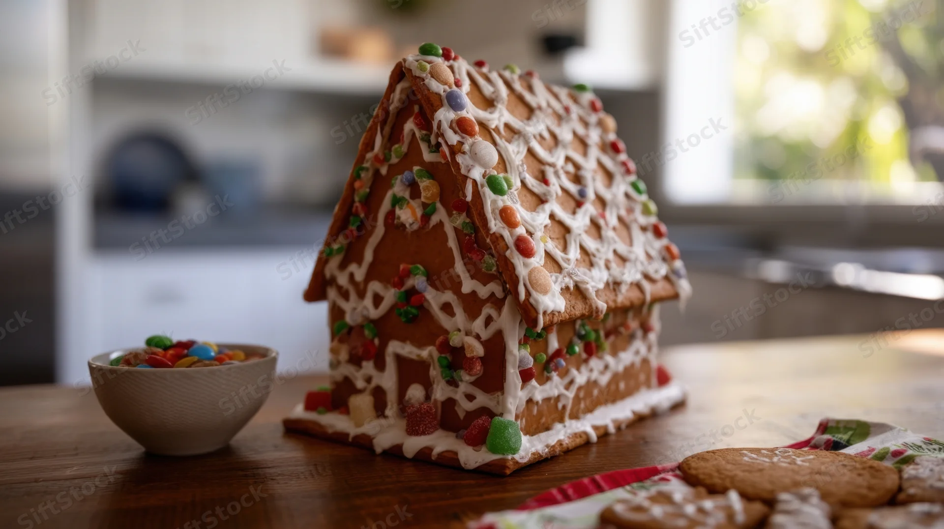 Decorated gingerbread house on wooden kitchen table with candy bowl and cookies nearby