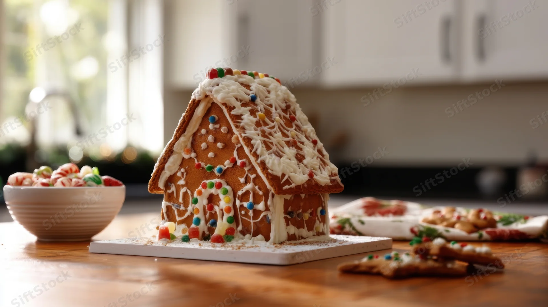 Decorated gingerbread house on wooden kitchen countertop with candy and cookies nearby