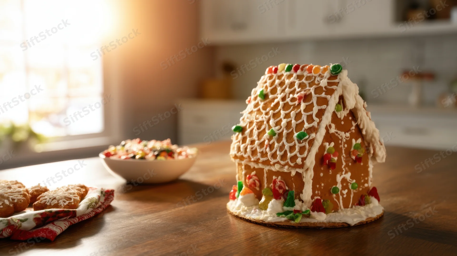 Decorated gingerbread house on wooden kitchen table near window with bowl of candy and cookies nearby