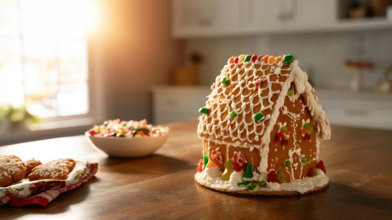 Decorated gingerbread house on wooden kitchen table near window with bowl of candy and cookies nearby