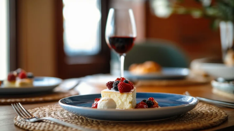 Slice of cake with berries and cream on a blue plate set on a dining table with wine glass and placemat